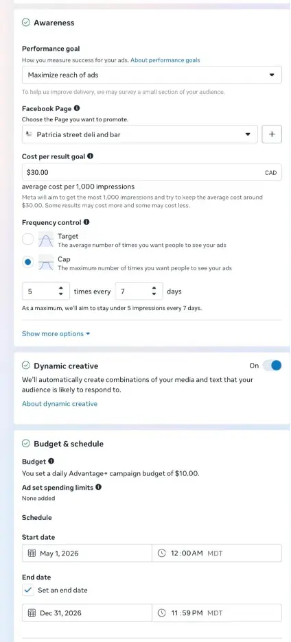 Proposed Meta Ads campaign setup